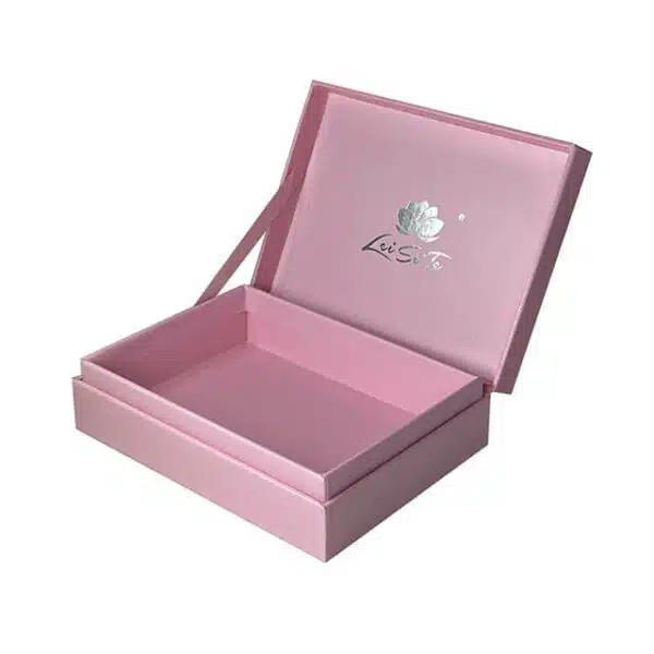 display the custom pink hinged flip top rigid box in the open state from the side angle