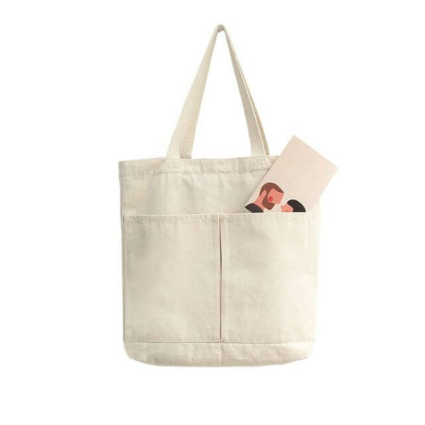 display the front of the custom canvas tote bag with pockets