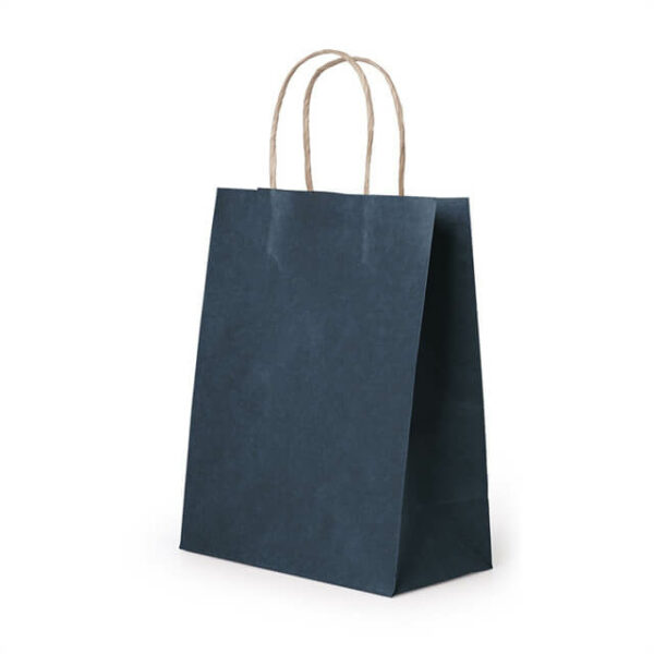 mostrar una bolsa de papel kraft de color sólido personalizada azul oscuro con asas de papel
