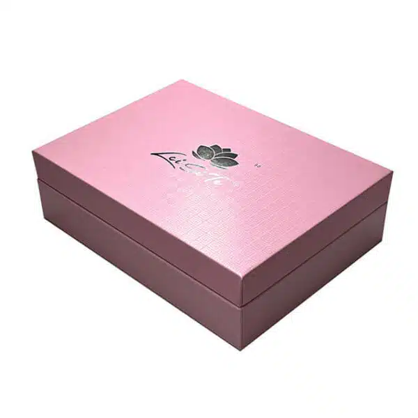 display the top of the custom pink hinged flip top rigid box from the side angle
