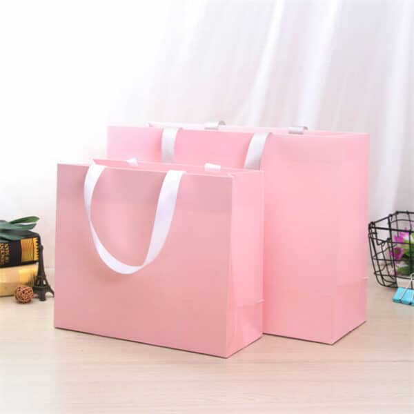दोन सानुकूल गुलाबी गिफ्ट पेपर बॅग प्रदर्शित करा