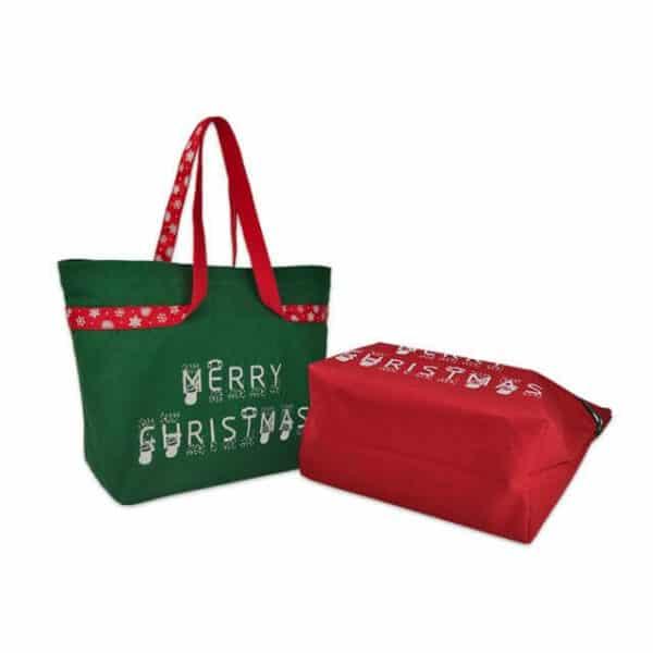 rodyti dviejų skirtingų spalvų pasirinktinių drobinių kalėdinių maišelių priekinę ir apačią