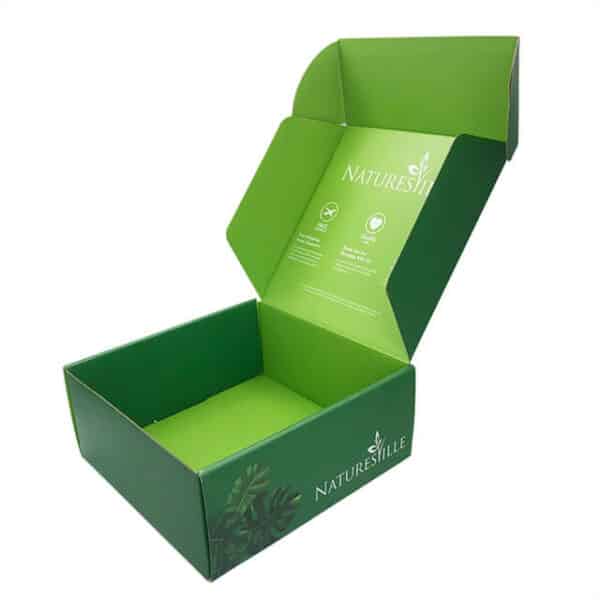 display the custom green printed box in the open state from the side angle
