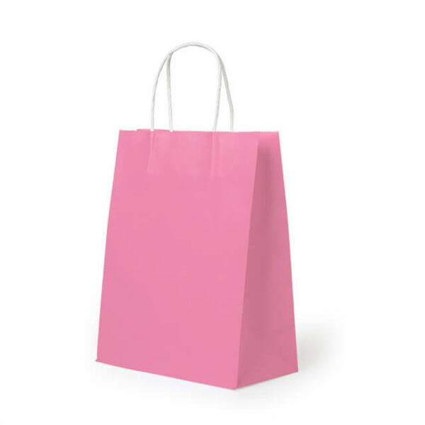 mostrar una bolsa de papel kraft de color sólido personalizada rosa con asa de papel