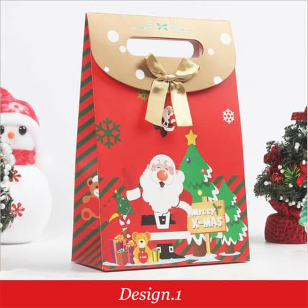display the front of the red custom Christmas gift die cut paper bag with flap