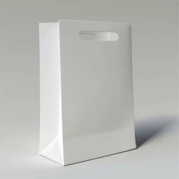 prikažite prilagođenu bijelu papirnatu vrećicu s izrezanim ručkama sa strane