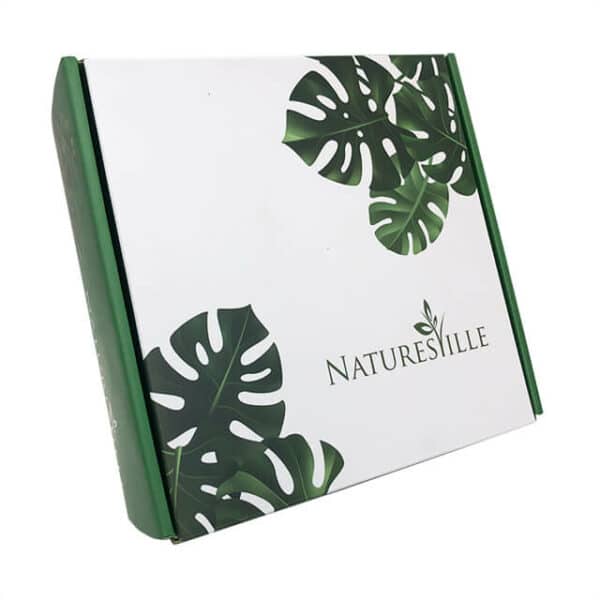 display the top of the custom green printed box from the side angle
