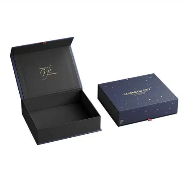 display two custom flip top square gift boxes, one of them is opened, and one is closed
