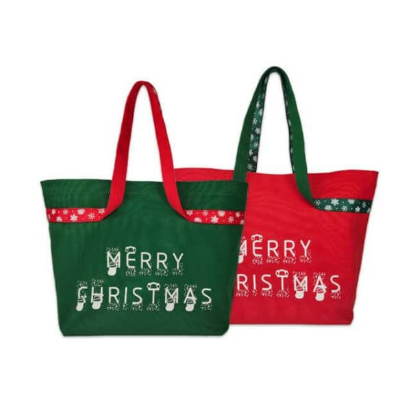 rodyti dviejų skirtingų spalvų pasirinktinių drobinių kalėdinių maišelių priekinę dalį