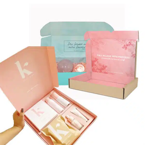 three custom tuck-top makeup skincare mailer boxes in open-state display