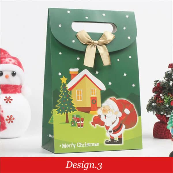 display the front of the green custom Christmas gift die cut paper bag with flap