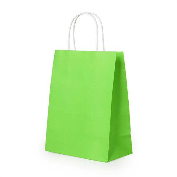 mostrar una bolsa de papel kraft de color sólido personalizada verde con asa de papel