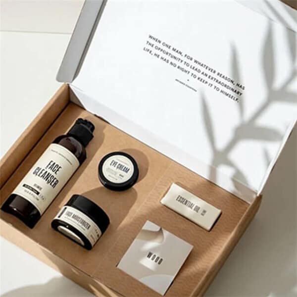 an opened box with a specific custom die cut that perfectly fits the skin care products inside