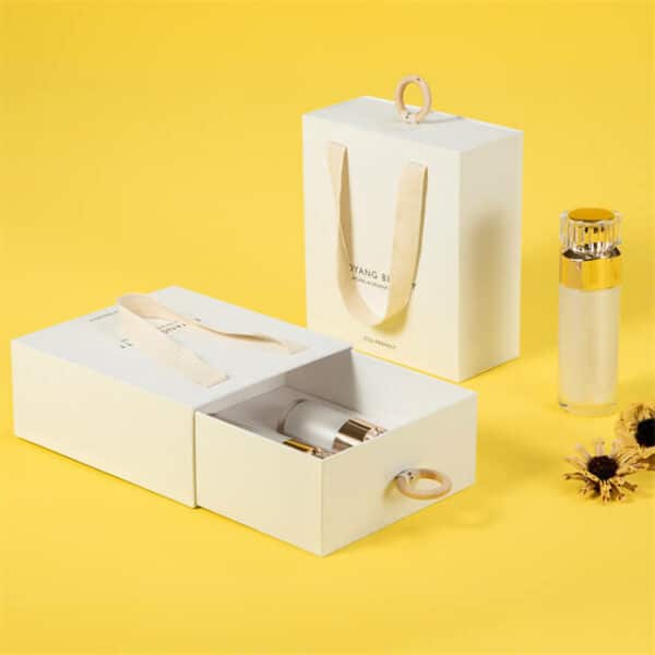 display the inside of two custom recyclable luxury cardboard skincare boxes from the side angle