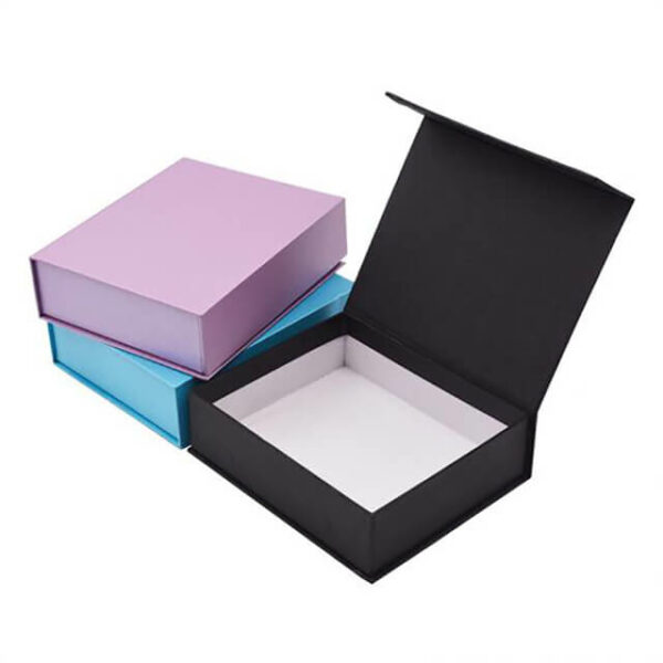 display three custom flip top square gift boxes in different colours