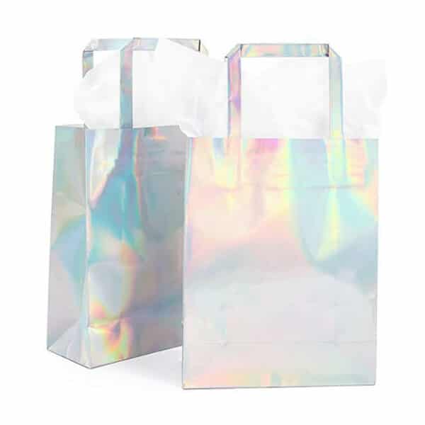 prikazati dvije prilagođene holografske papirnate vrećice s ravnim ručkama