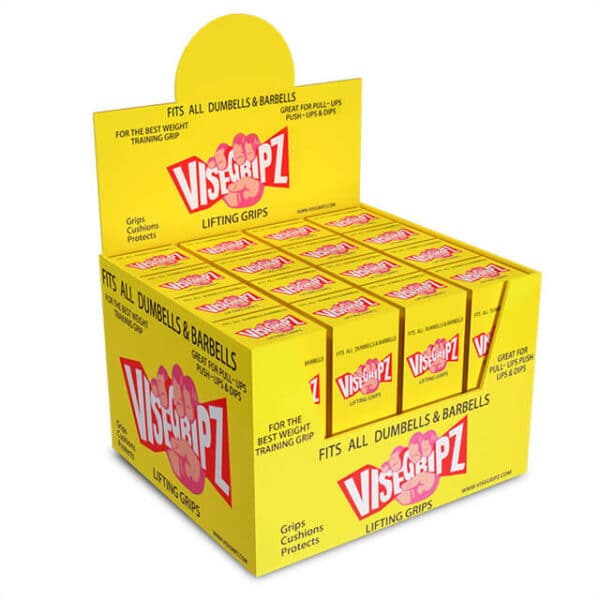 display the yellow custom promotional cardboard counter display box full with products from the side angle