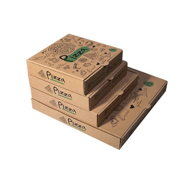 izložite gomilu sklopivih kartonskih kutija u stilu smeđe tiskane pizze u različitim veličinama