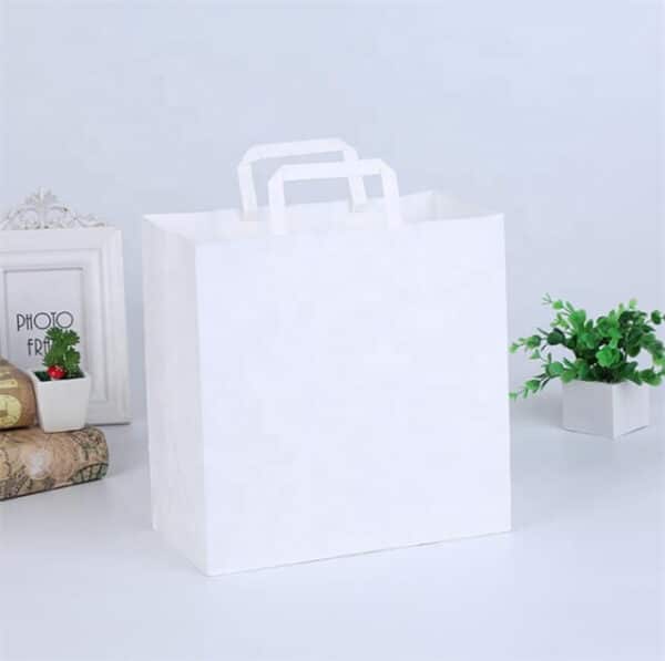 display the front of the white custom kraft paper bag with flat paper handles