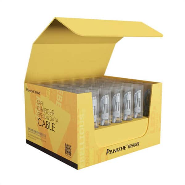 prikažite žutu prilagođenu kutiju za prikaz promotivnog kartonskog pulta u otvorenom stanju iz bočnog kuta