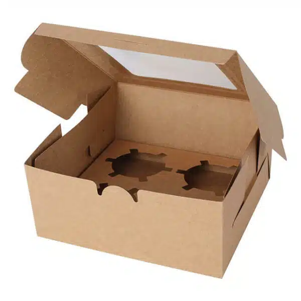 a kraft cardboard box with a window patch and specific die-cut custom paperboard insert in the open state