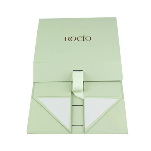 display the unfolded custom green rigid box with ribbon closure from the front angle