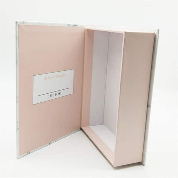 display the custom luxury white book shaped magnetic box in the open state