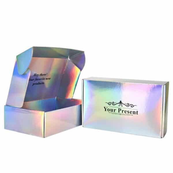 display two custom holographic double-side printed mailer boxes, one of them is opened, and one is closed