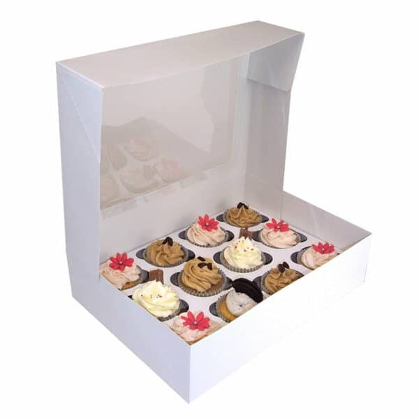 a white box with neatly arrange cupcakes thanks to the help of the custom box inserts