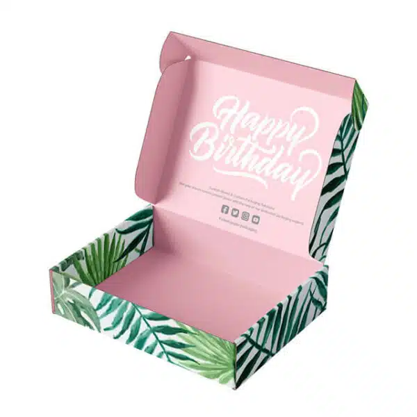 mostrar una caja impresa personalizada con interior rosa y exterior verde en estado abierto