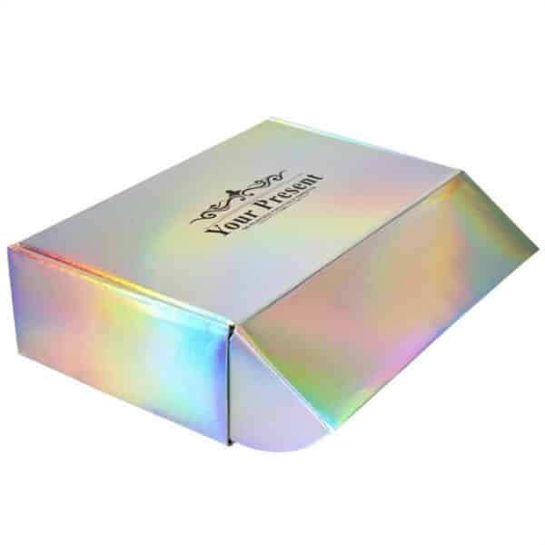 display one custom holographic double-side printed mailer box from right side angle