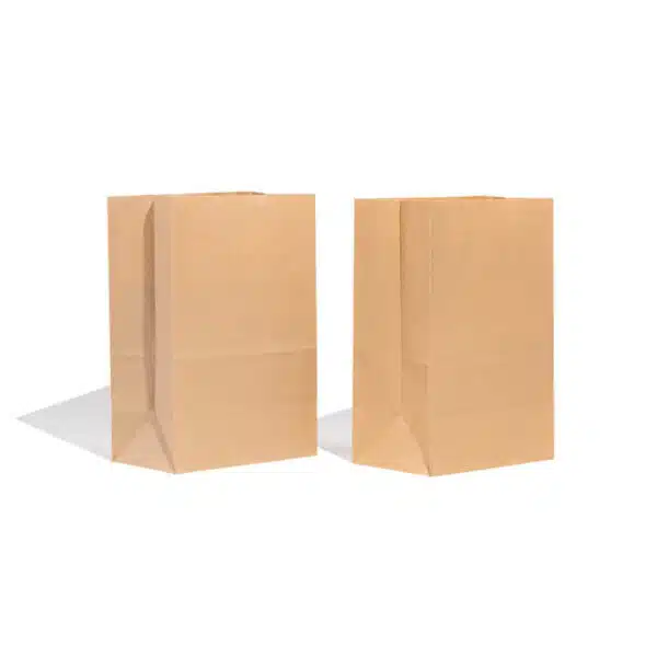 du pasirinktiniai popieriniai pietų maišeliai stovi vienas šalia kito ir rodo jų šoną