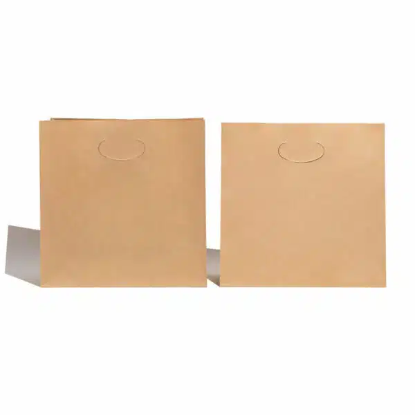 две прилагодени крафт хартиени кеси со рачка со исечена матрица стојат рамо до рамо и прикажуваат предниот дел од нив