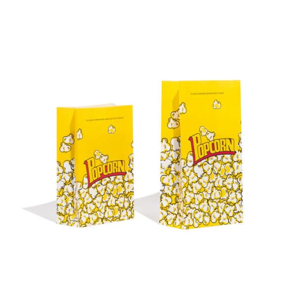 Two printed custom paper popcorn bags, one large and one small, and stand side by side, display the side of them