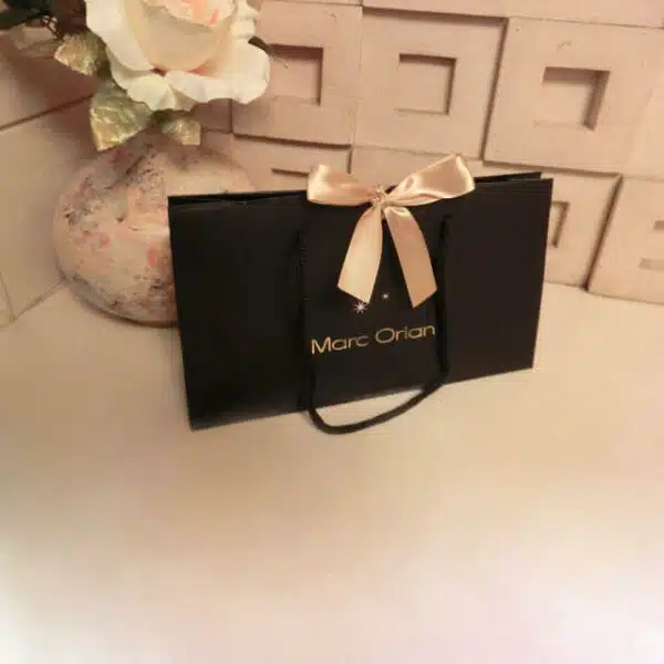 display one black custom solid color gift paper bag with ribbon box