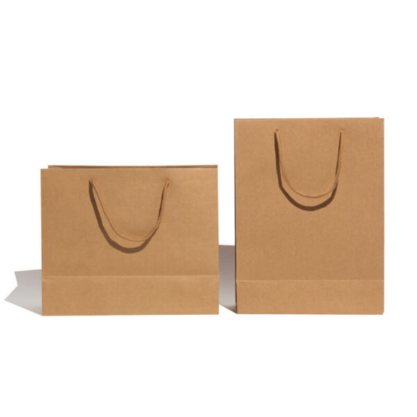 Dos bolsas de papel Kraft personalizadas con asa de cuerda se colocan una al lado de la otra y muestran el frente de ellas