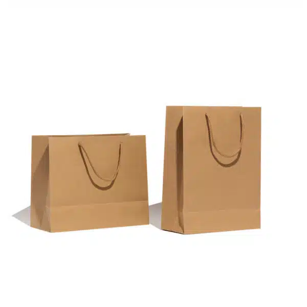 dos bolsas de papel Kraft personalizadas con asa de cuerda se paran una al lado de la otra y se exhiben al costado