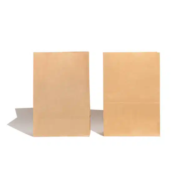 du pasirinktiniai popieriniai pietų maišeliai stovi vienas šalia kito ir rodo jų priekį