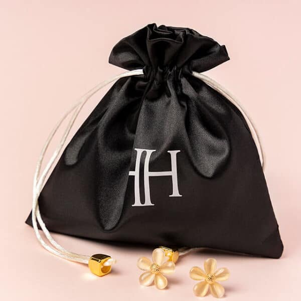 display the front of one black Custom Satin Drawstring Pouch