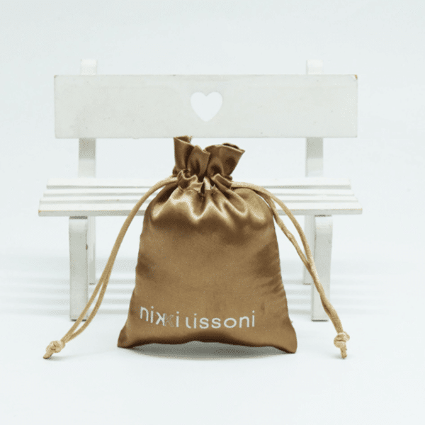 display the front of one brown Custom Satin Drawstring Pouch