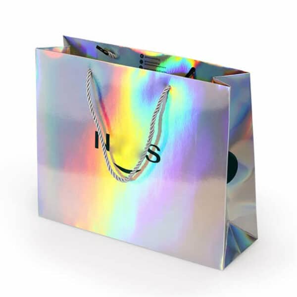 display the custom holographic paper bag with rope handles from right side angle