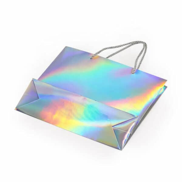 display the bottom of the custom holographic paper bag with rope handles