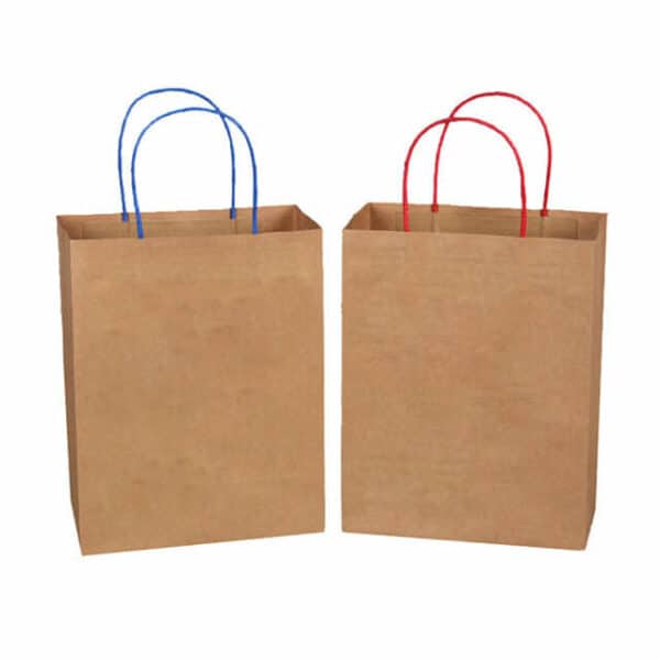 izložite dvije prilagođene vrećice od kraft papira s upletenim papirnatim ručkama koje stoje jedna do druge