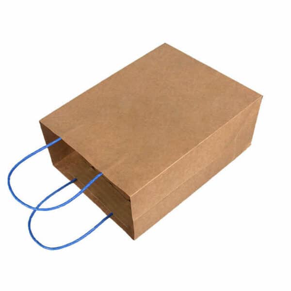покажите один изготовленный на заказ пакет из крафт-бумаги с витой бумажной ручкой в ​​положении лежа