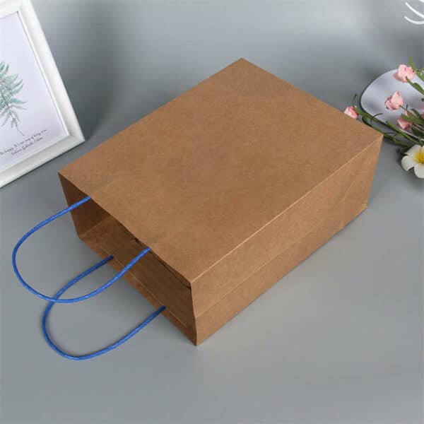 покажите один изготовленный на заказ пакет из крафт-бумаги с витой бумажной ручкой в ​​положении лежа