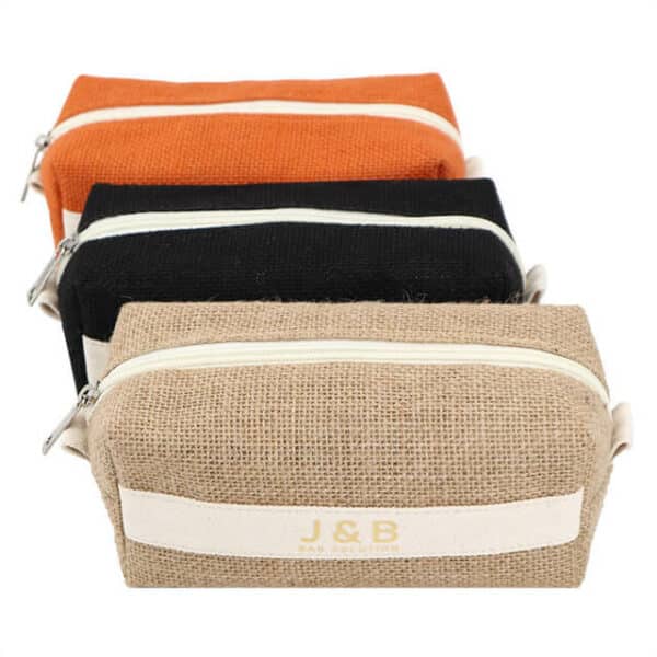 display three custom jute toiletry bags in different colours