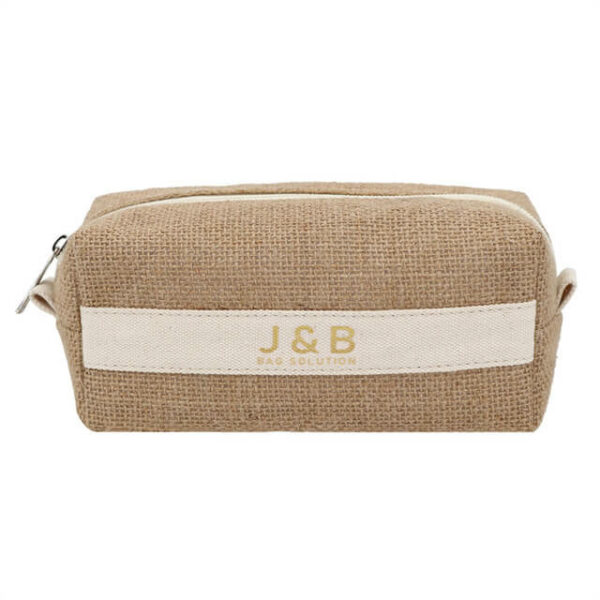display the front of the custom jute toiletry bag