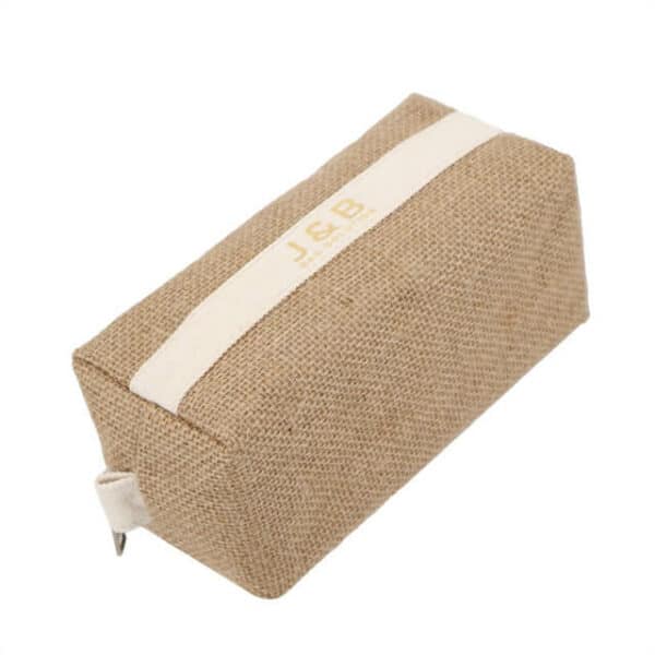 display the front and bottom of the custom jute toiletry bag