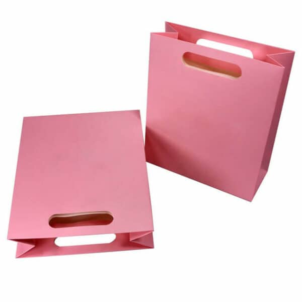 display two custom pink paper bag with die-cut handles