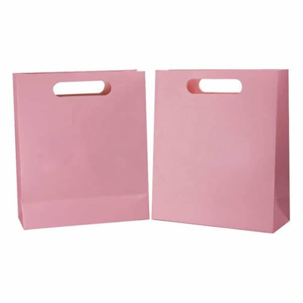 display two custom pink paper bag with die-cut handles that stand side by side